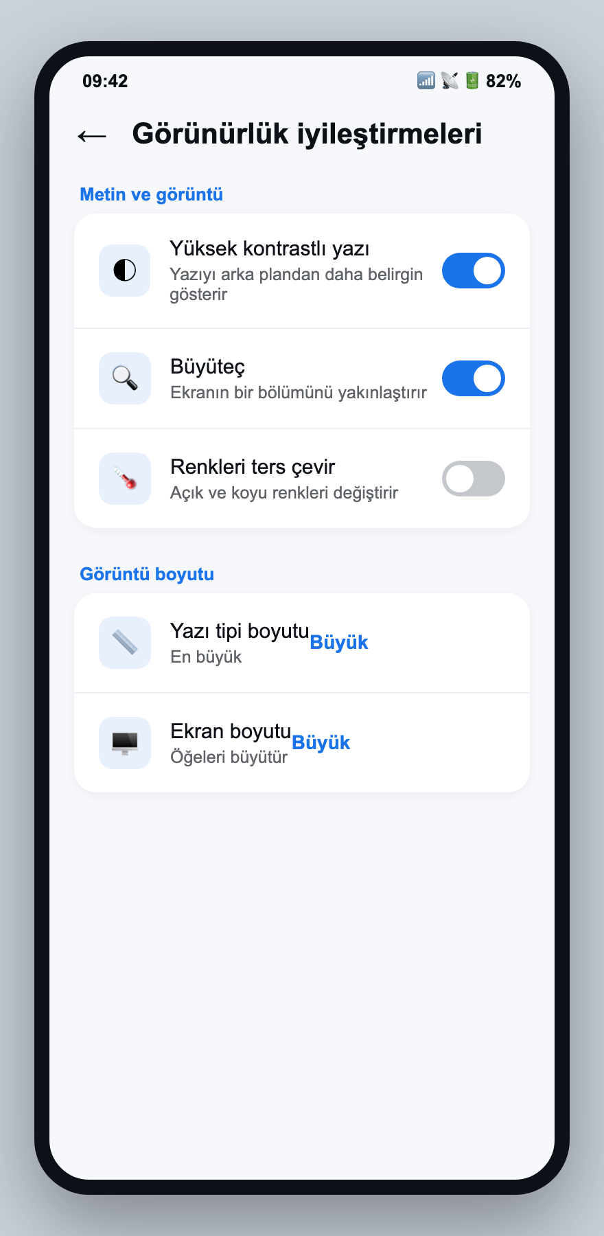 Android Erişilebilirlik Görünürlük iyileştirmeleri ekranı: yüksek kontrast ve büyüteç