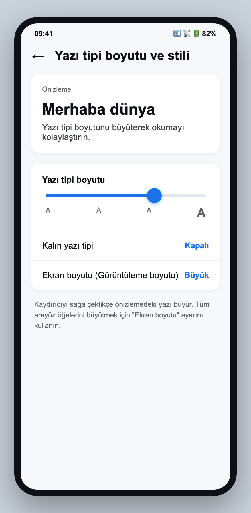Android Ekran ayarlarında yazı tipi boyutu kaydırıcısı ve canlı önizleme