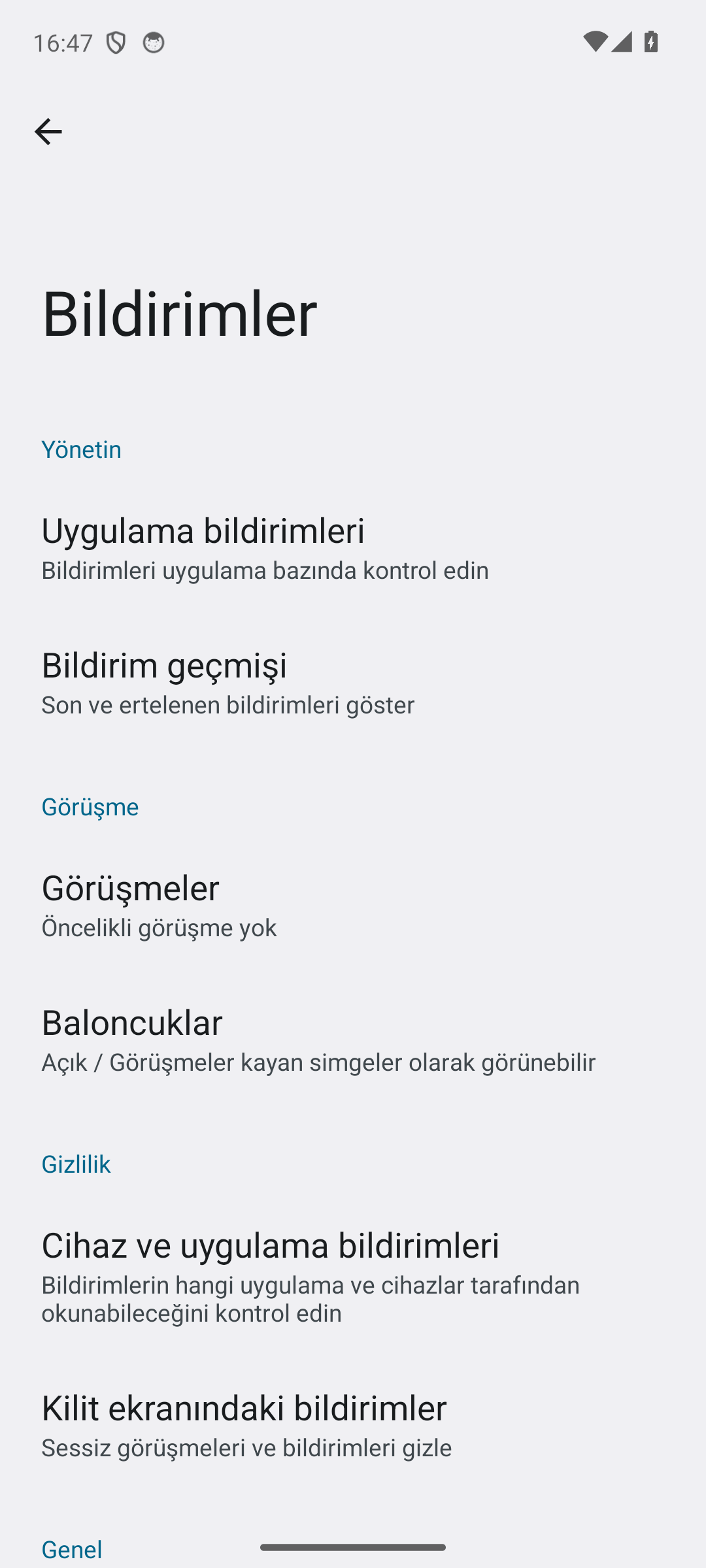 Android Bildirimler ayar ekranı: Uygulama bildirimleri ve Bildirim geçmişi satırları