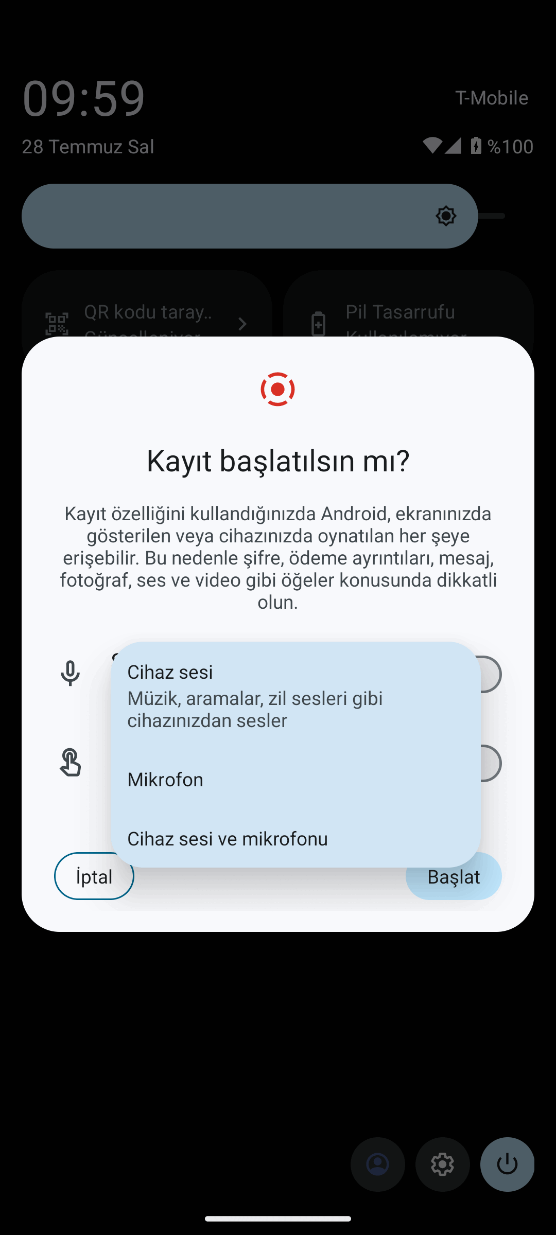 Ses kaydet açılır listesi: Cihaz sesi, Mikrofon ve Cihaz sesi ve mikrofonu seçenekleri