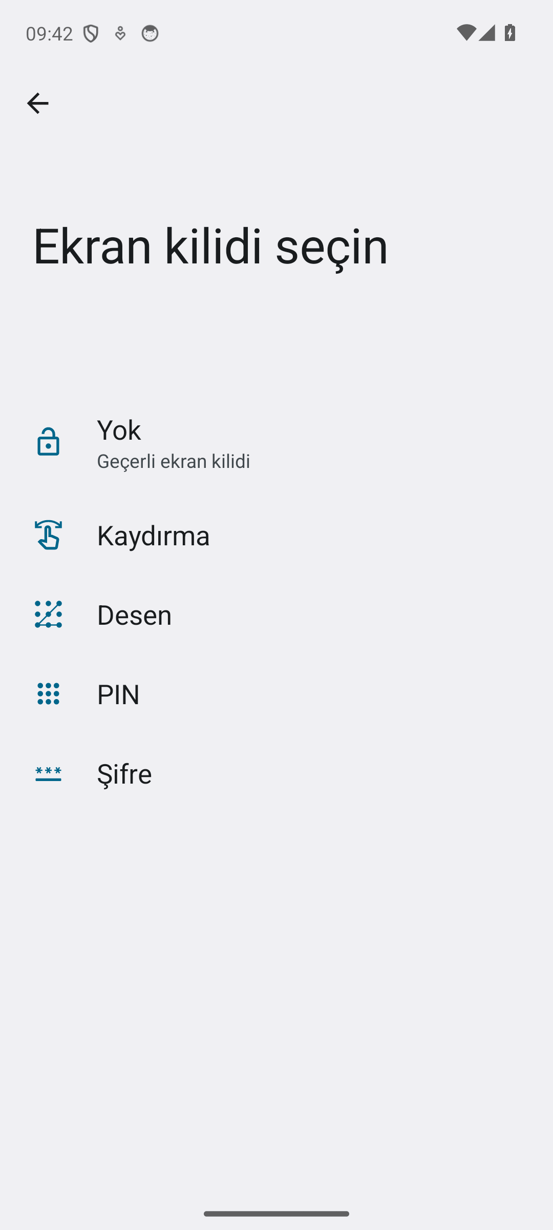 Android Ekran kilidi seçin ekranı: Yok, Kaydırma, Desen, PIN ve Şifre seçenekleri