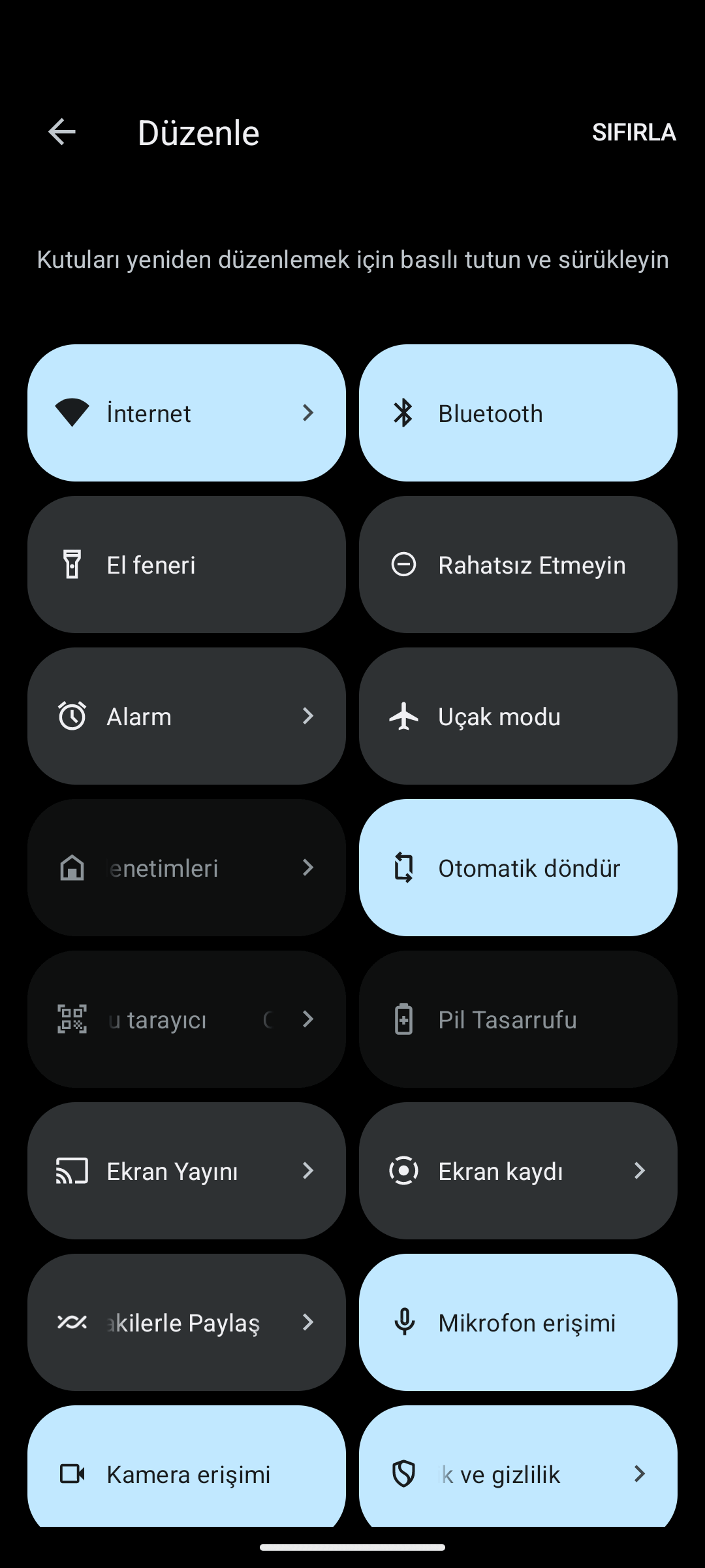 Android hızlı ayarlar Düzenle ekranı: kutular ve sağ üstte SIFIRLA seçeneği