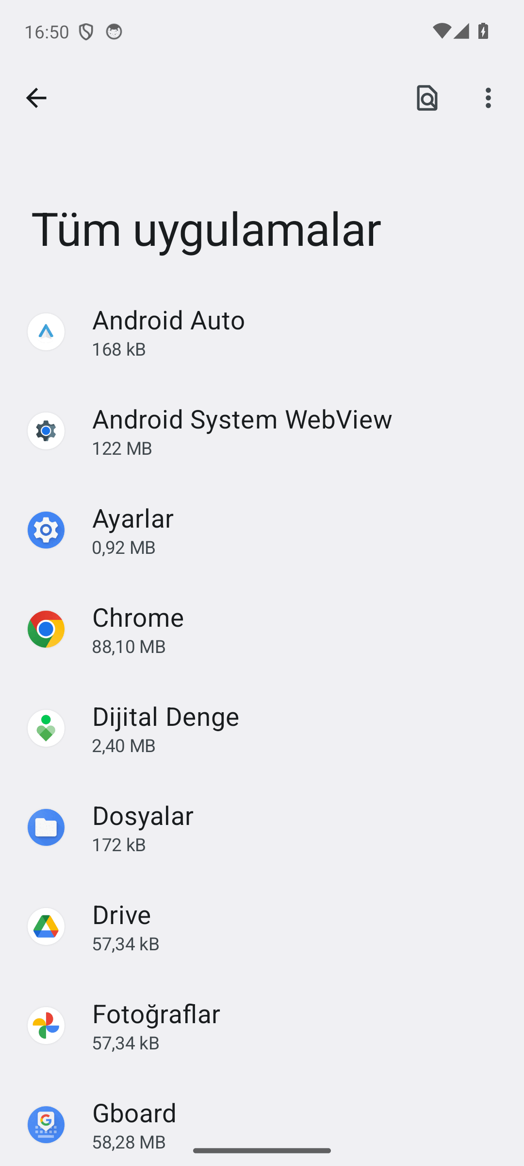 Android Tüm uygulamalar listesi: uygulamalar ve kapladıkları alan
