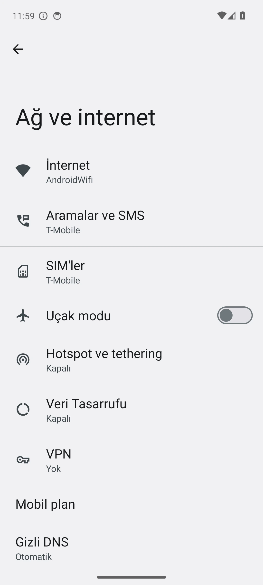 Android Ağ ve internet ayarlarında Uçak modu anahtarı