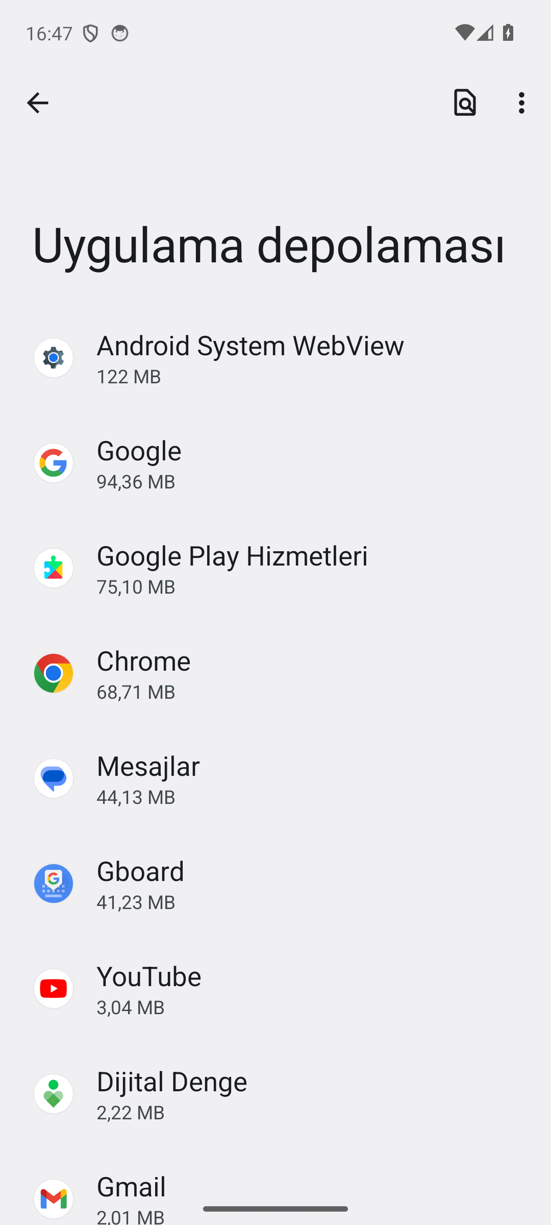 Android Uygulama depolaması ekranı: uygulamalar kapladıkları alana göre sıralanmış