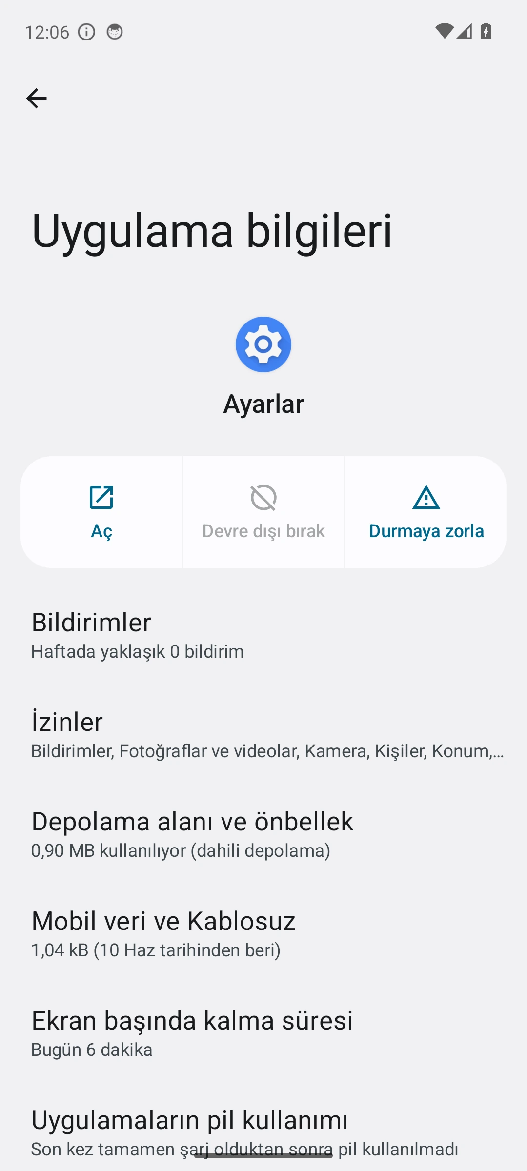 Android Uygulama bilgileri ekranında Depolama alanı ve önbellek satırı