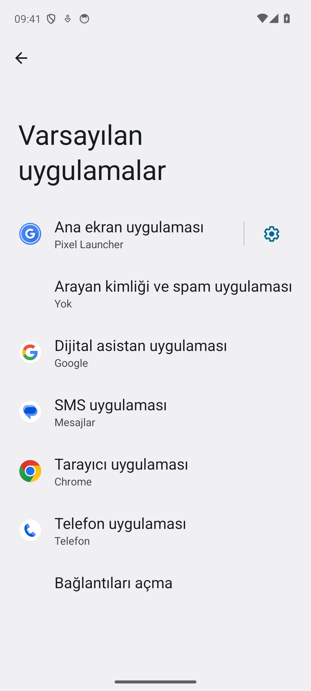 Android Varsayılan uygulamalar ekranı: Tarayıcı, SMS, Telefon, Dijital asistan ve Ana ekran uygulaması satırları