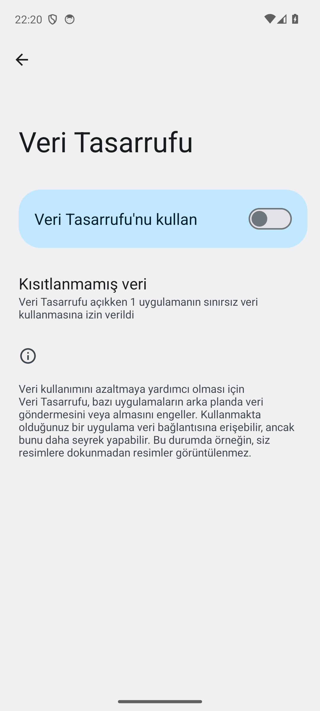 Android Ayarlar uygulamasındaki Veri Tasarrufu ekranı ve Veri Tasarrufu'nu kullan anahtarı