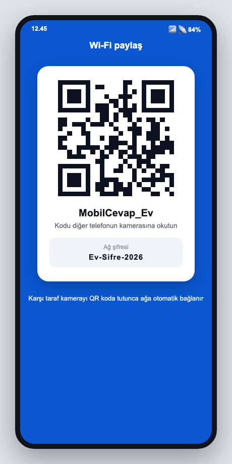 Ekranda beliren Wi-Fi QR kodu ve altında ağ adı ile şifre