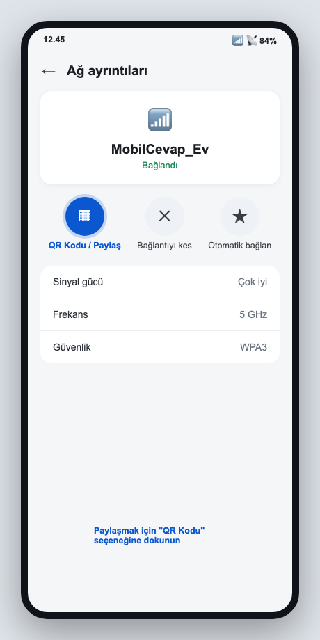 Android ağ ayrıntıları ekranında QR Kodu / Paylaş düğmesinin vurgulanmış hali