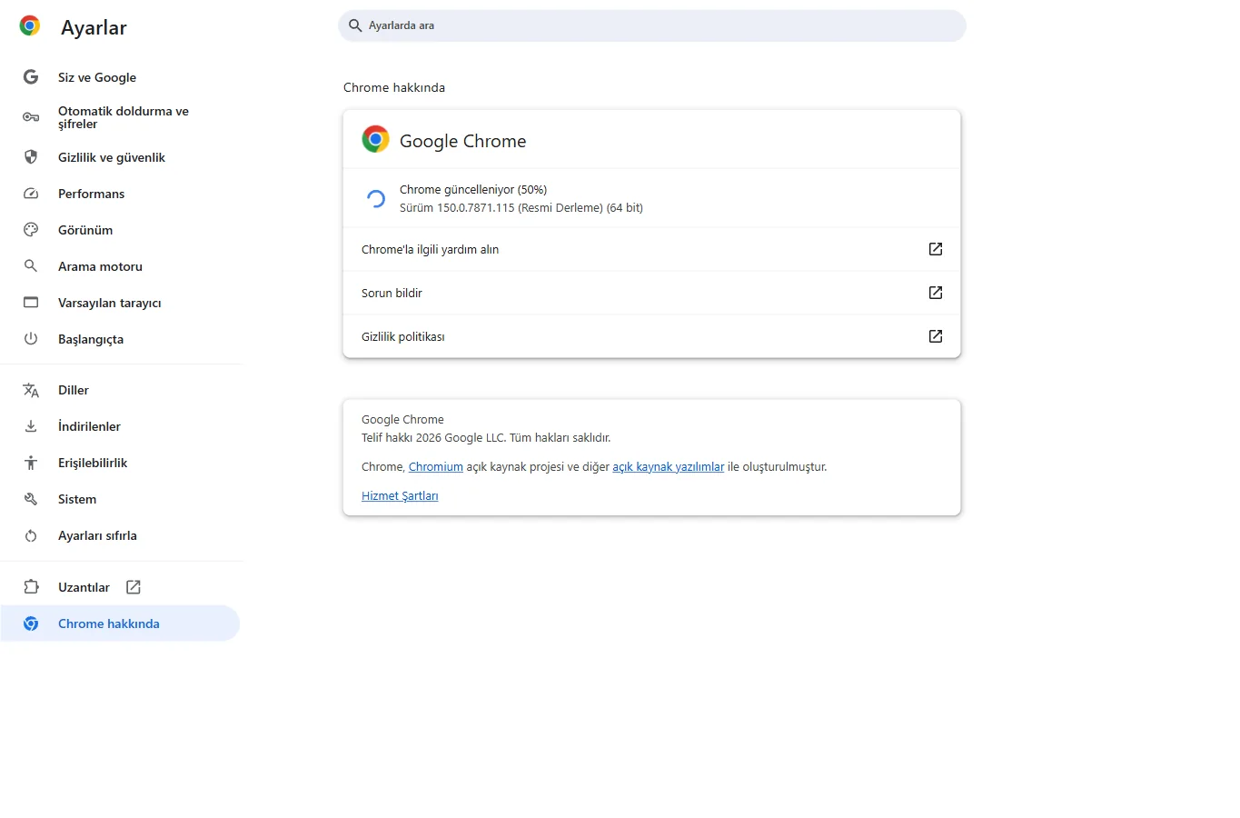 Google Chrome Hakkında sayfasında Chrome güncelleniyor durumu ve sürüm numarası