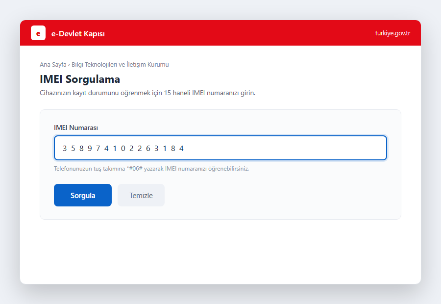 e-Devlet üzerinde BTK IMEI Sorgulama sayfasında numaranın girildiği form ve Sorgula düğmesi