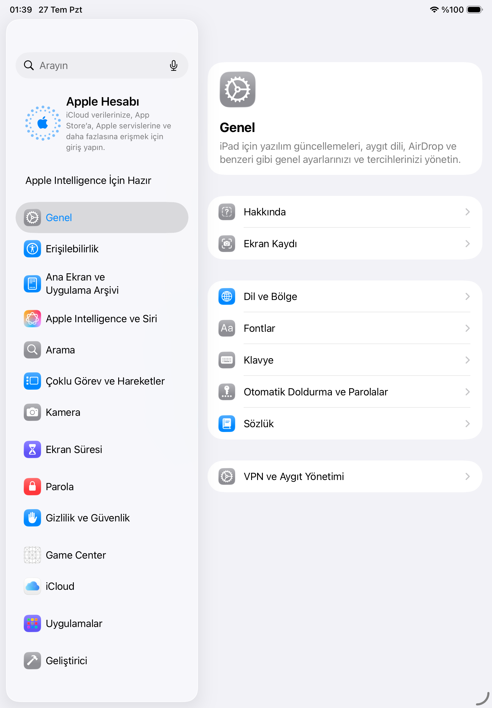 iPad Ayarlar uygulamasının Genel bölümü: Dil ve Bölge, Fontlar, Klavye satırları
