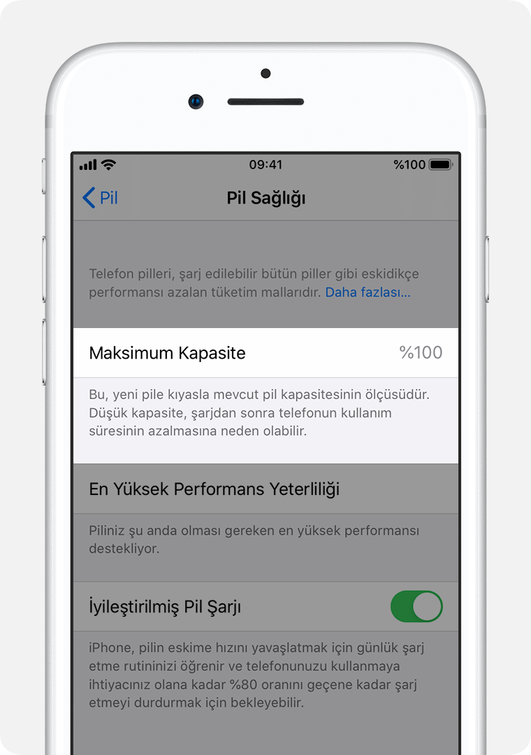 iPhone Pil Sağlığı ekranında Maksimum Kapasite satırı