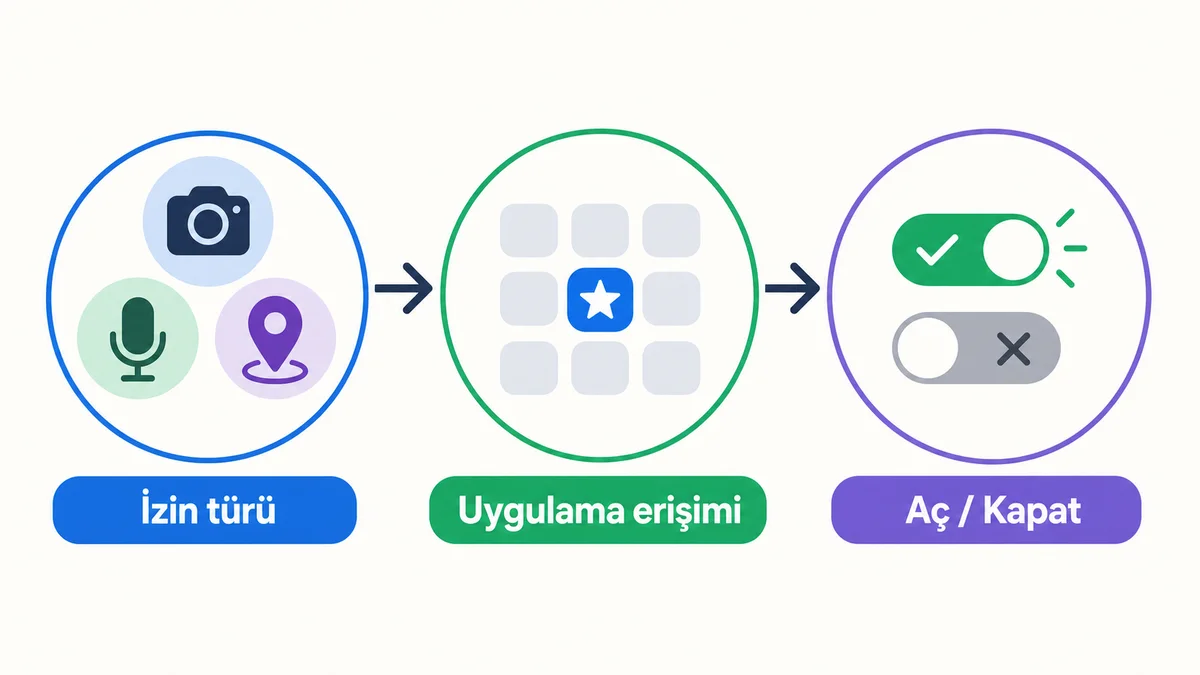 iPhone uygulama izinleri için kategori seçimi ve uygulama erişimi akışı