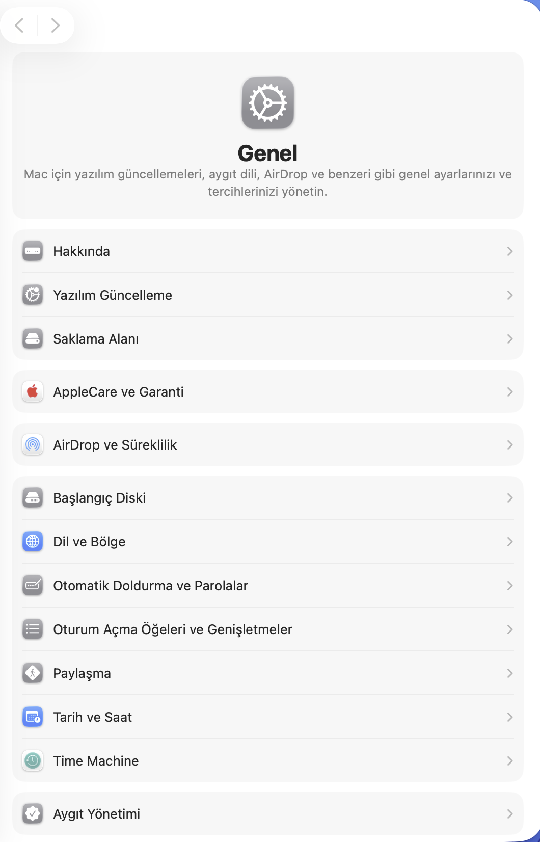 macOS Sistem Ayarları uygulamasının Genel bölümü: Hakkında, Yazılım Güncelleme, Saklama Alanı ve Time Machine satırları
