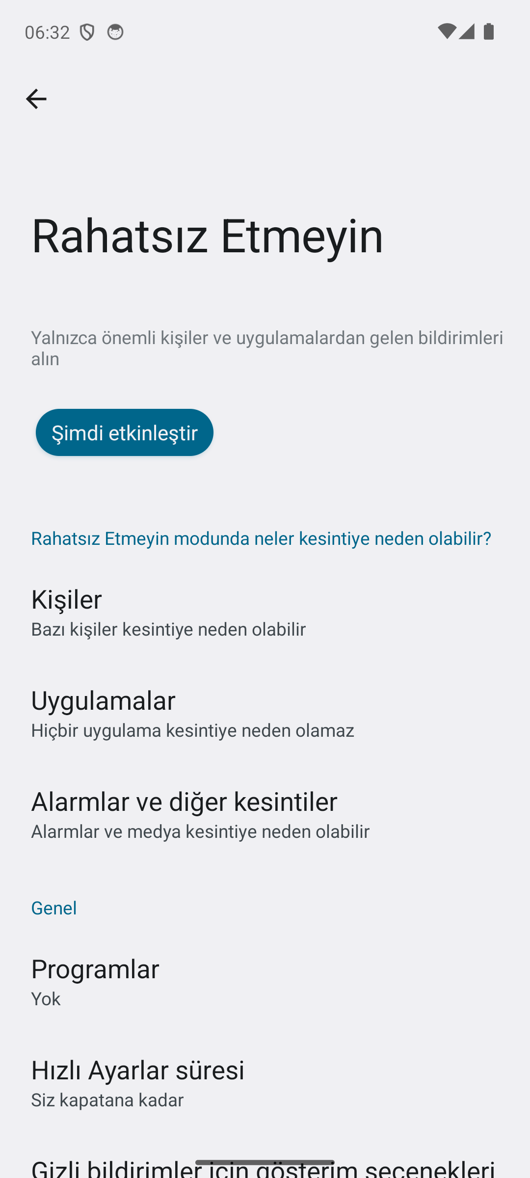 Android Rahatsız Etmeyin ayar ekranı: Şimdi etkinleştir, Kişiler, Uygulamalar, Alarmlar, Programlar