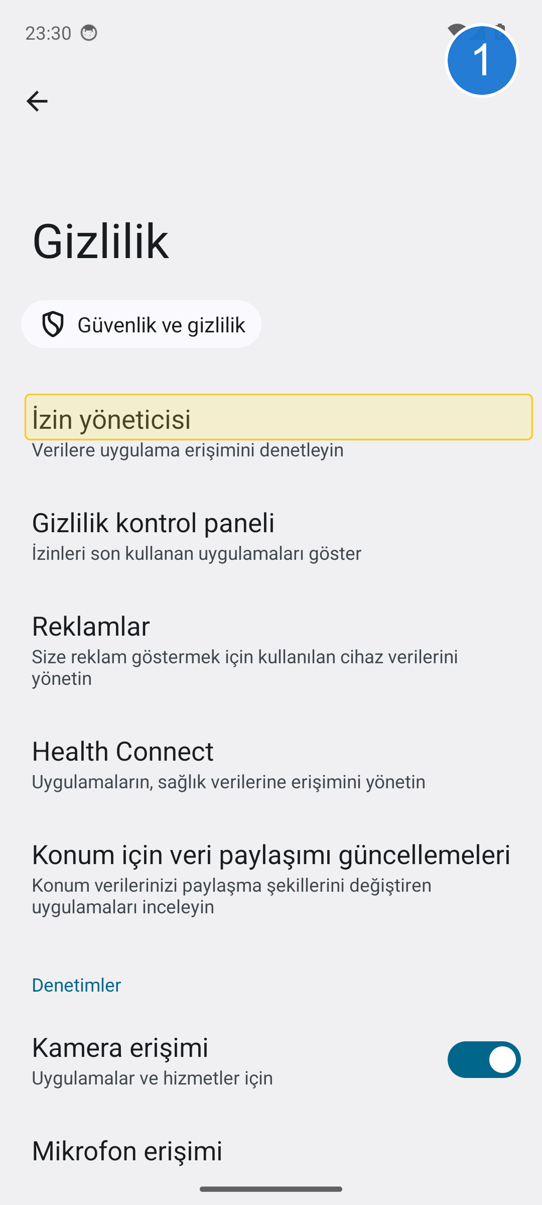 Ayarlar Gizlilik sayfasında İzin yöneticisi