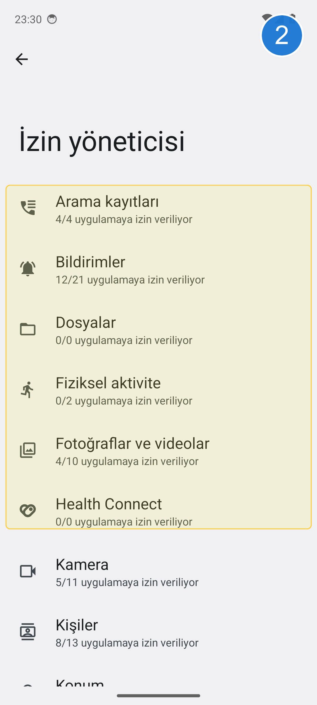 İzin yöneticisi ekranı