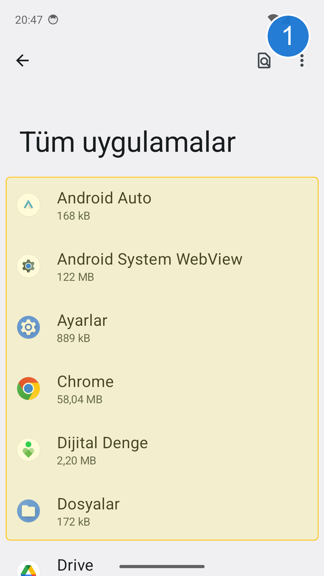 Ayarlar Uygulamalar bölümü
