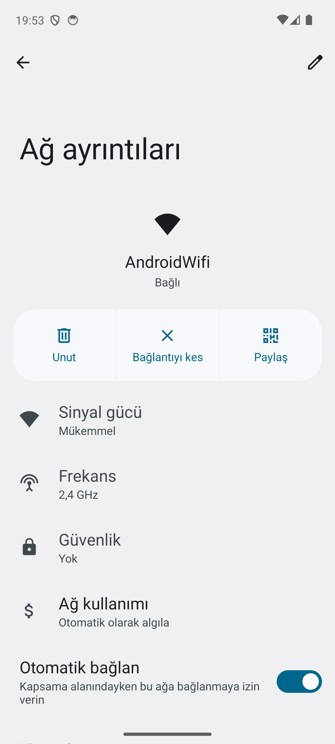 Android Ağ ayrıntıları ekranı: bağlı AndroidWifi ağı ve Değiştir, Unut, Bağlantıyı kes, Paylaş düğmeleri