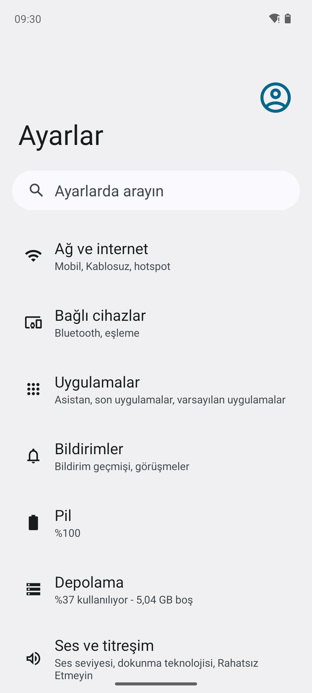 Android Ayarlar ana ekranı