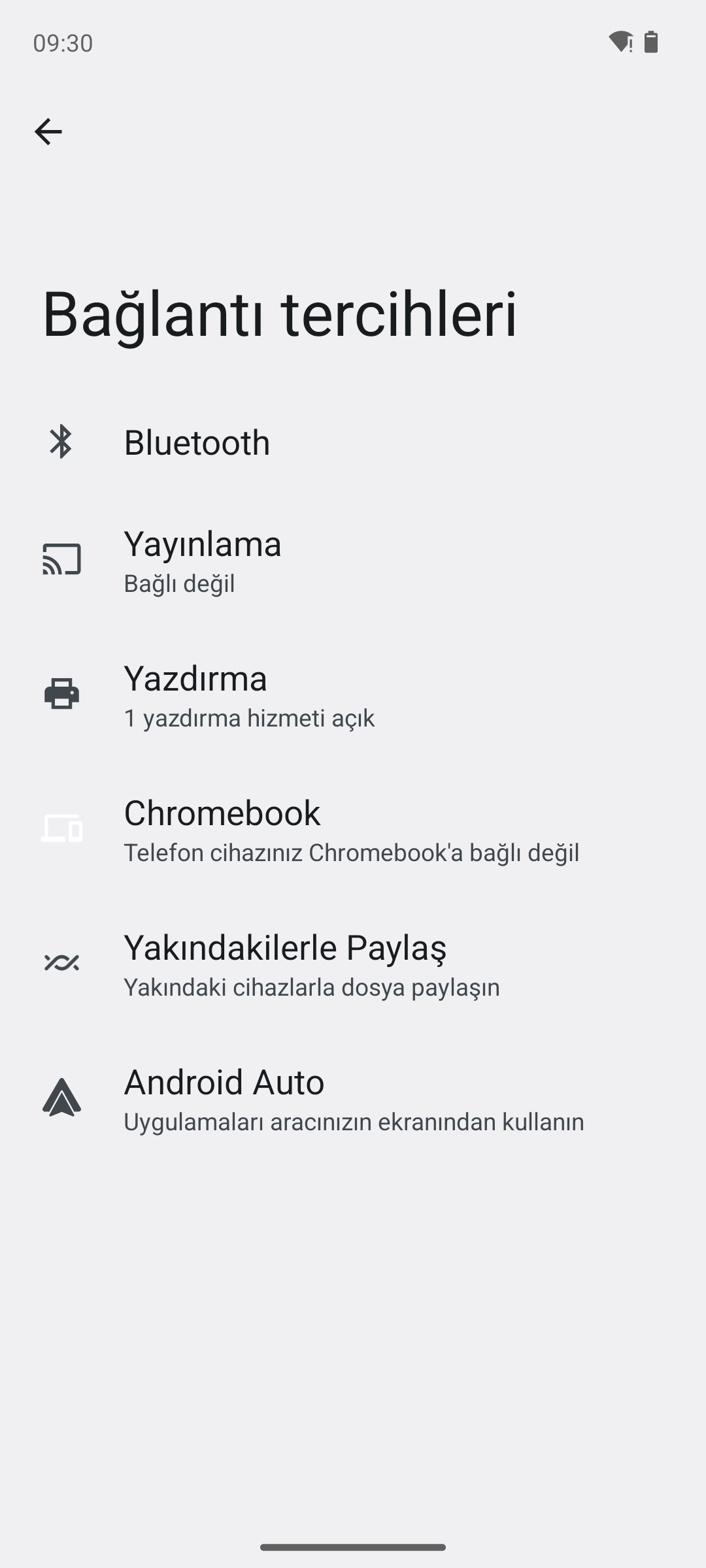 Android Bağlantı tercihleri ekranı