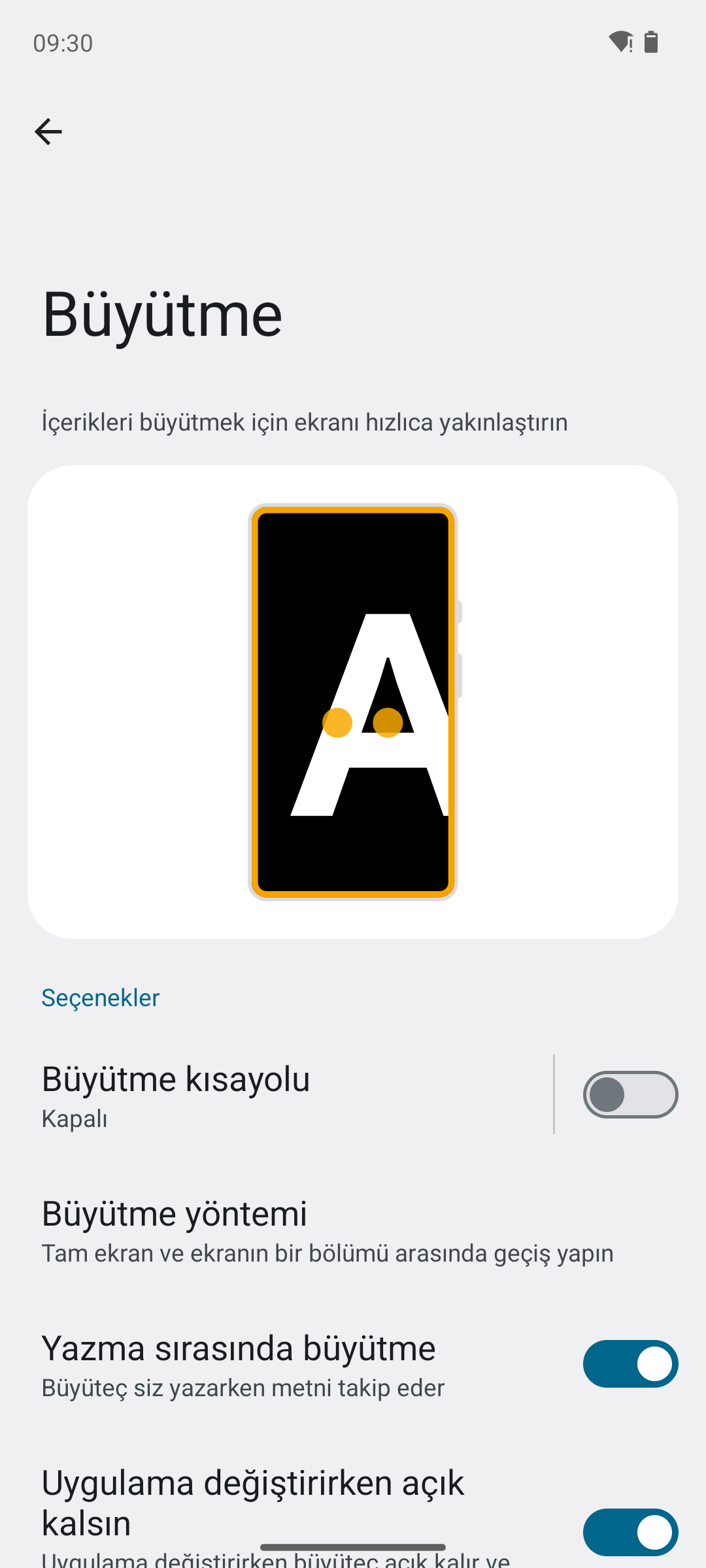 Android Büyütme ayarları ekranı