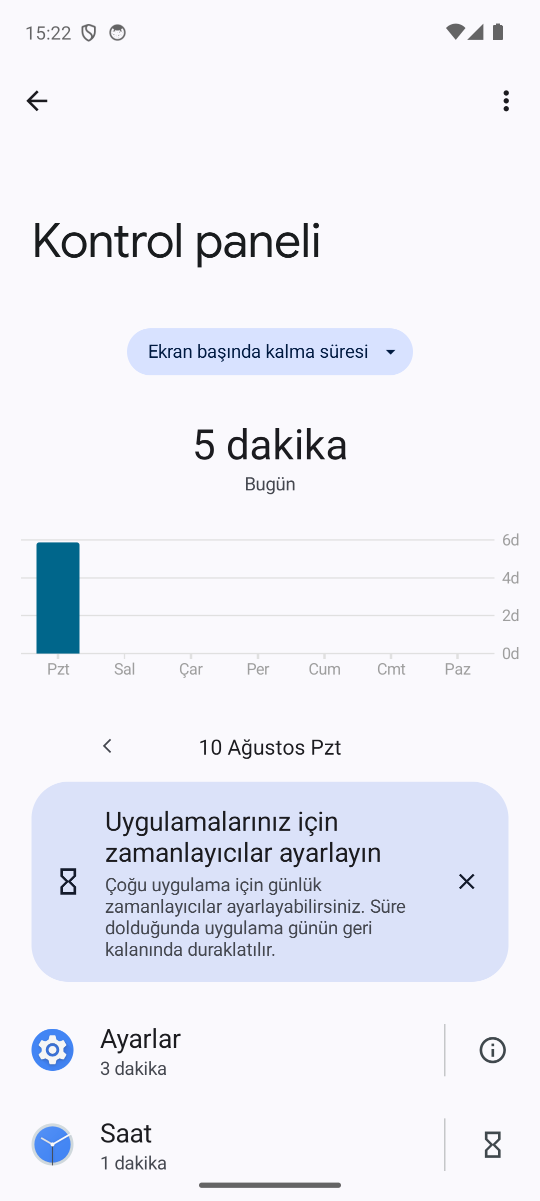Dijital Denge Kontrol paneli: Ekran başında kalma süresi başlığı, gün seçimi ve uygulamaların tek tek kullanım süreleri