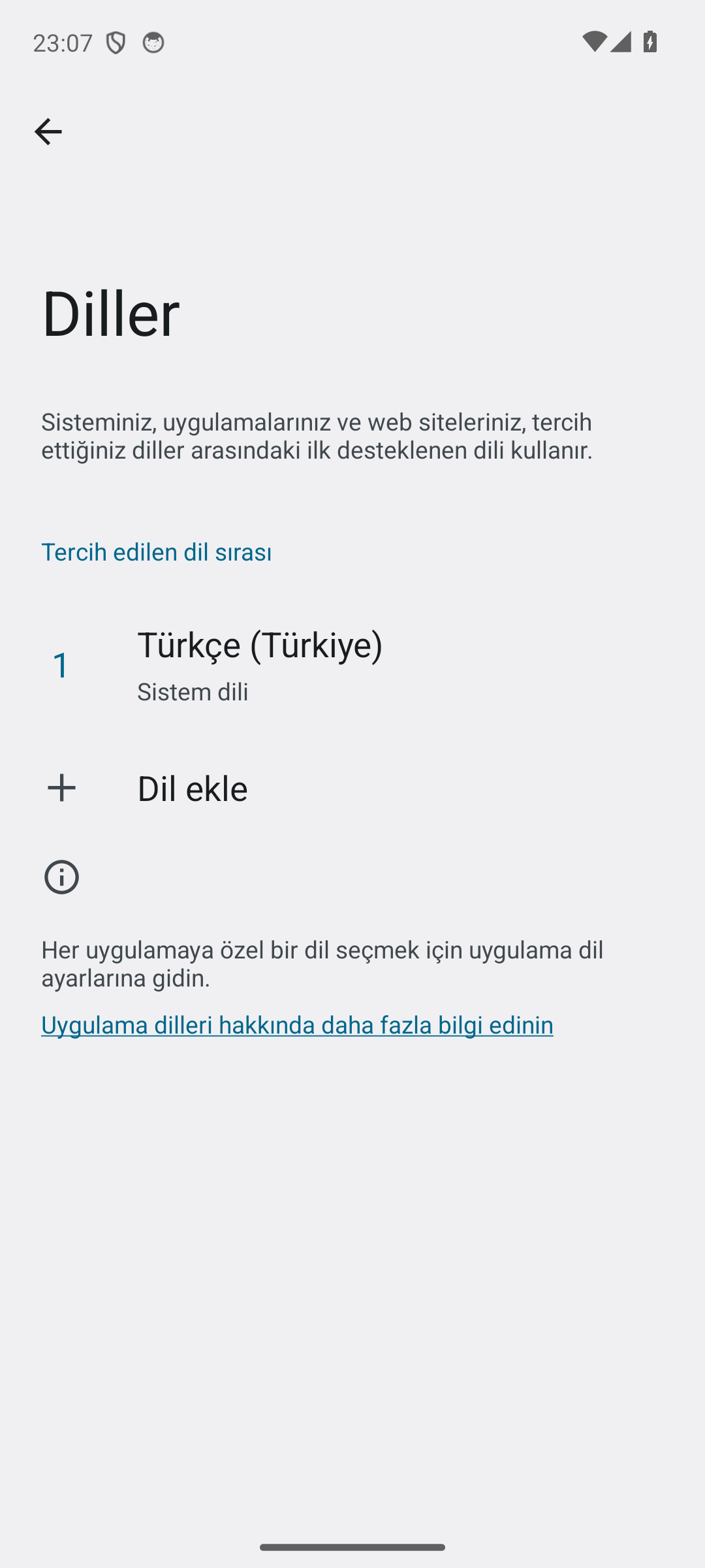 Android Diller ekranı: Tercih edilen dil sırası, 1 numarada Türkçe (Türkiye) sistem dili ve Dil ekle satırı
