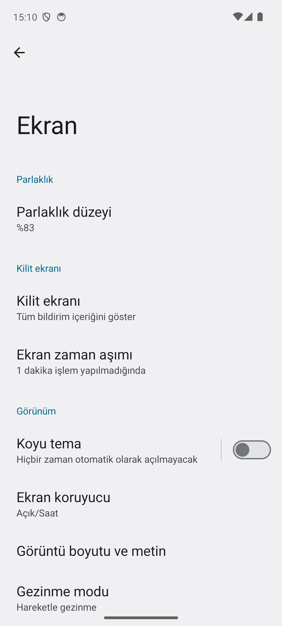 Android Ekran ayarları: Kilit ekranı bölümünde Ekran zaman aşımı satırı, 1 dakika işlem yapılmadığında