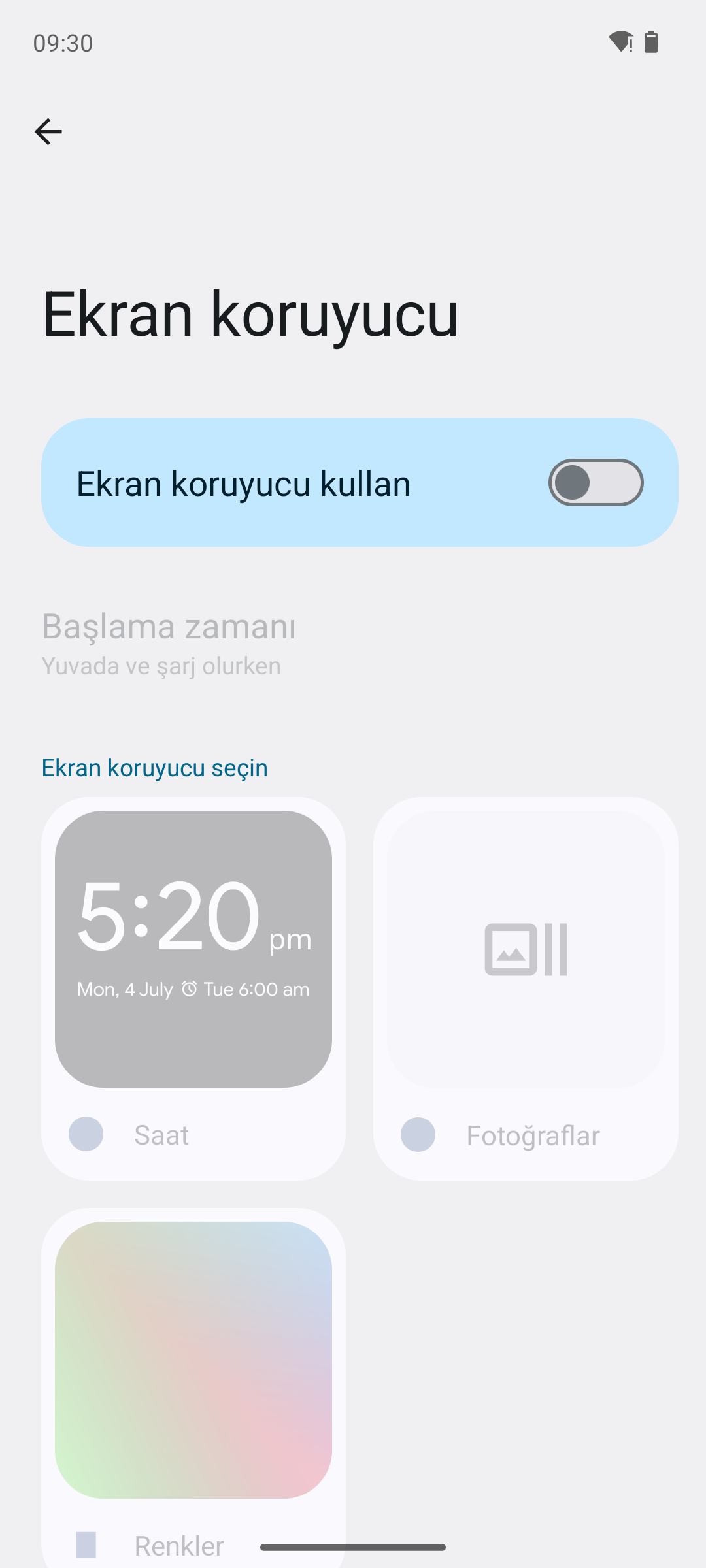 Android Ekran koruyucu ayarları, Saat Fotoğraflar ve Renkler seçenekleri
