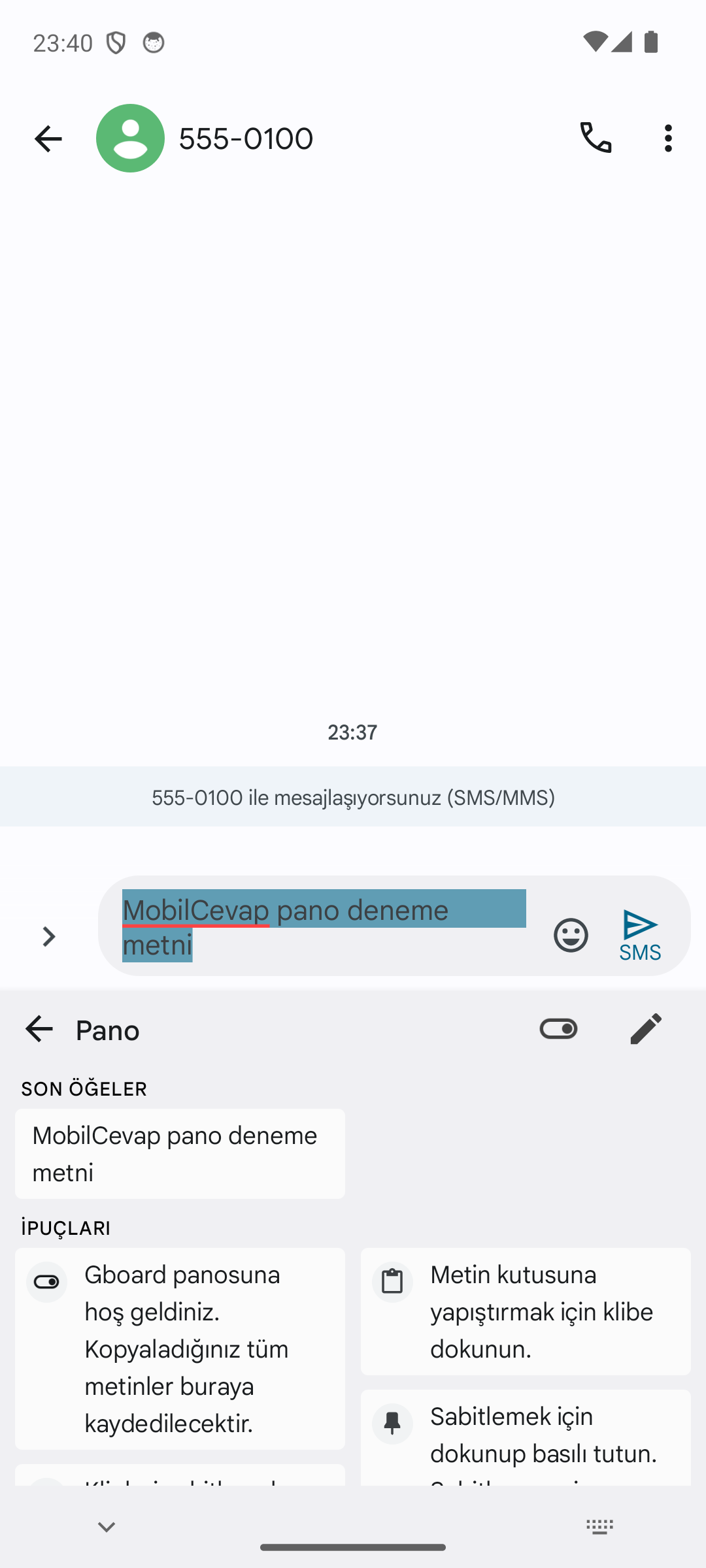 Gboard Pano paneli açık durumda: Son öğeler listesinde kopyalanan metin ve kullanım ipuçları