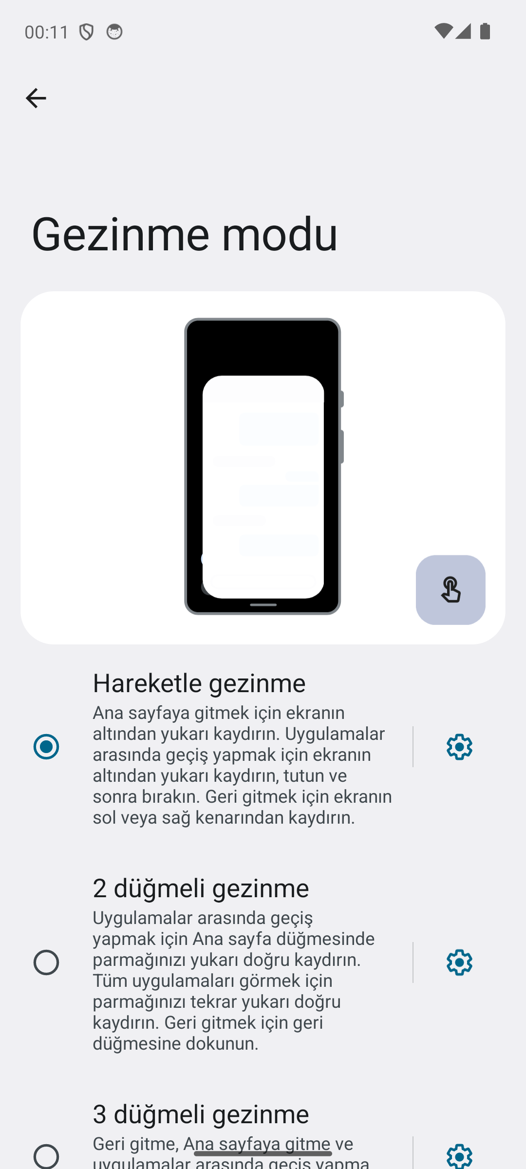 Android Gezinme modu ekranı: Hareketle gezinme seçili, altında 2 düğmeli ve 3 düğmeli gezinme seçenekleri ve açıklamaları