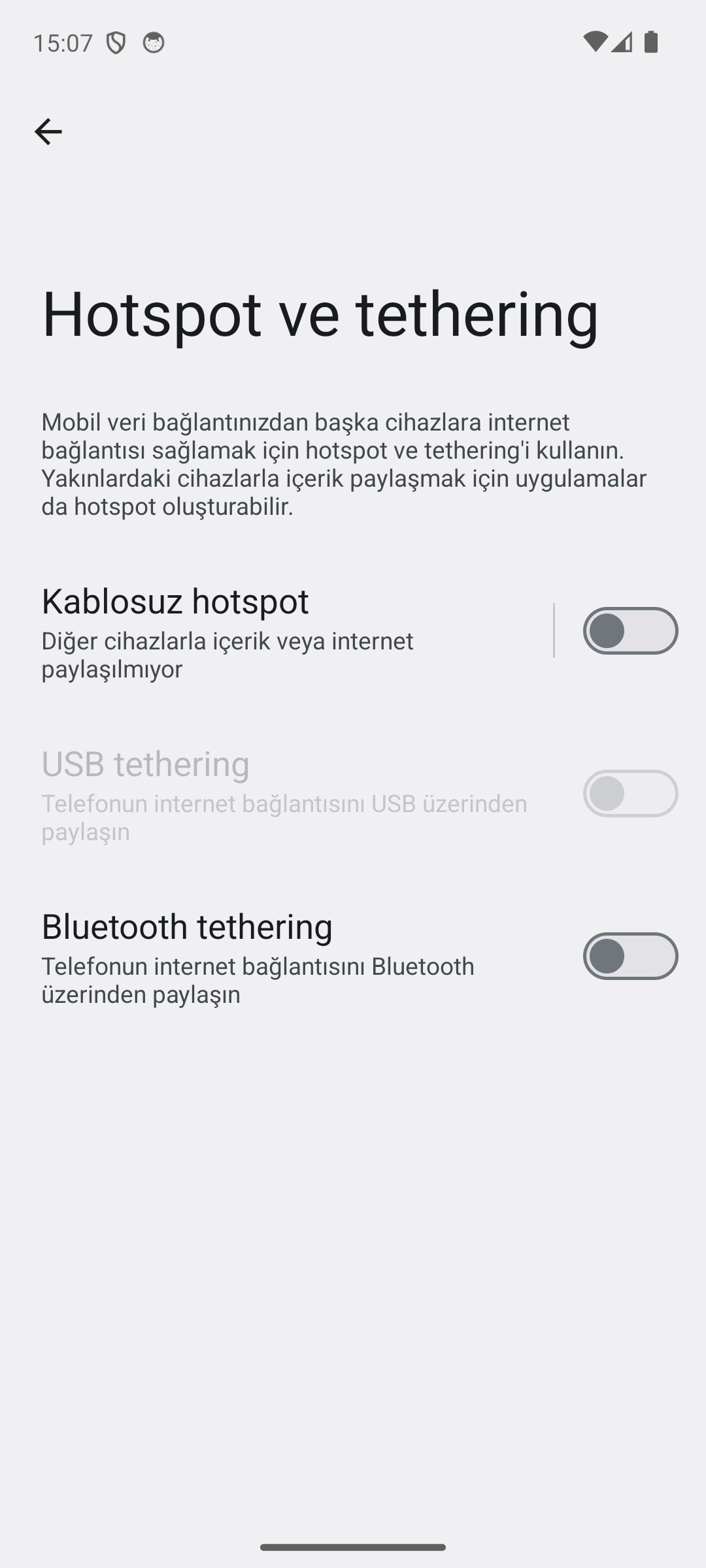 Android Hotspot ve tethering ekranı: Kablosuz hotspot, USB tethering ve Bluetooth tethering seçenekleri