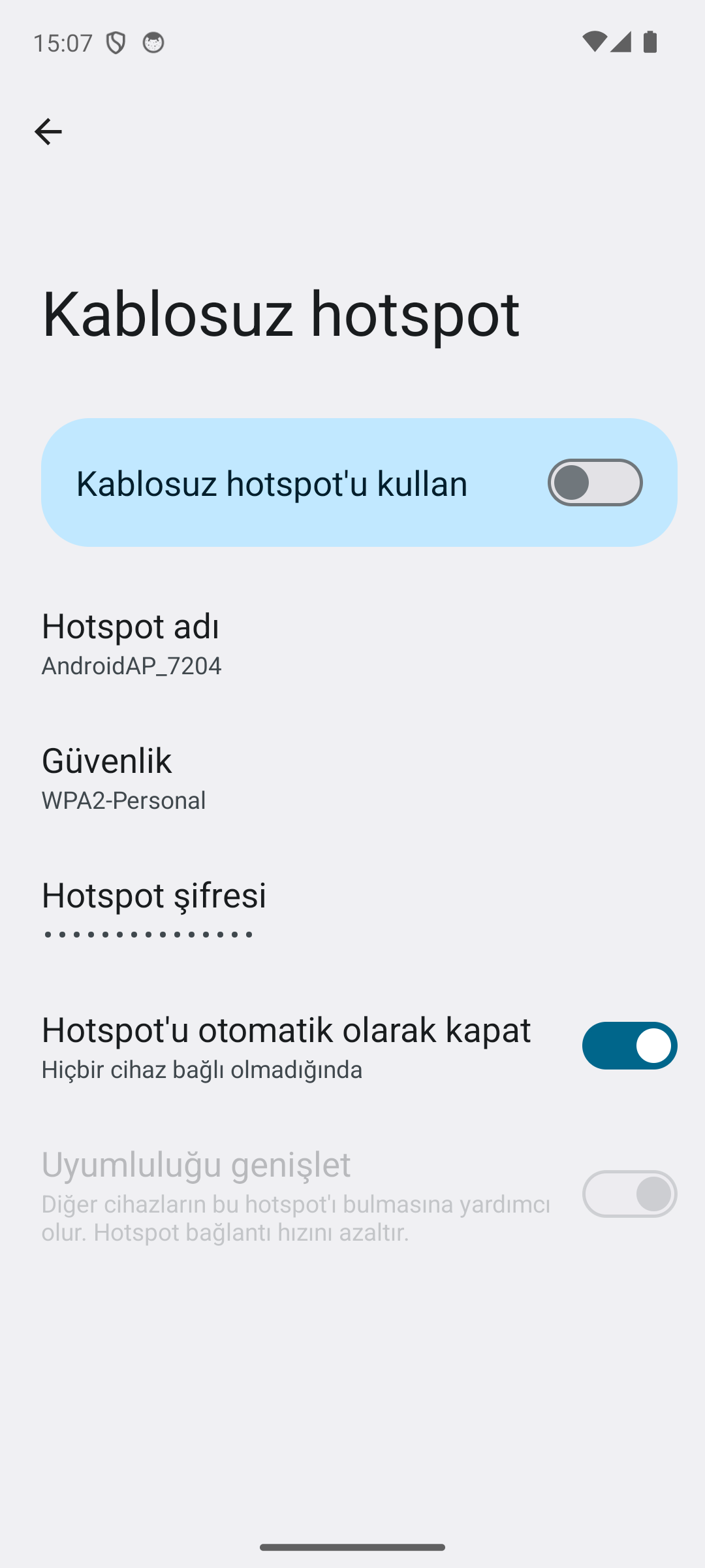 Kablosuz hotspot ekranı: Kablosuz hotspot'u kullan anahtarı, Hotspot adı, Güvenlik WPA2-Personal ve Hotspot şifresi satırları