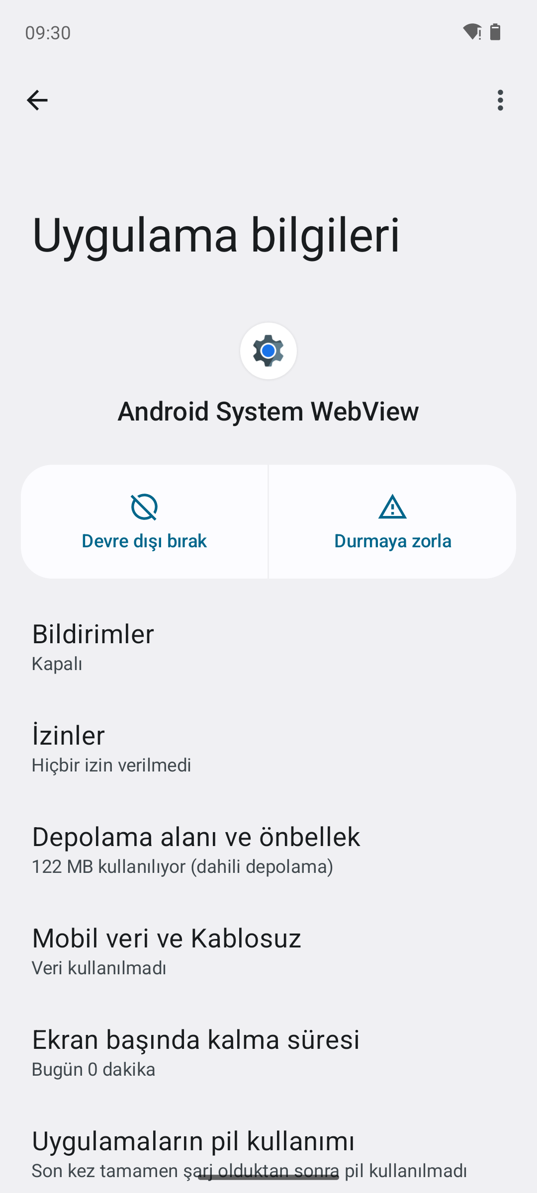 Android uygulama ayrıntıları: Devre dışı bırak ve Durmaya zorla