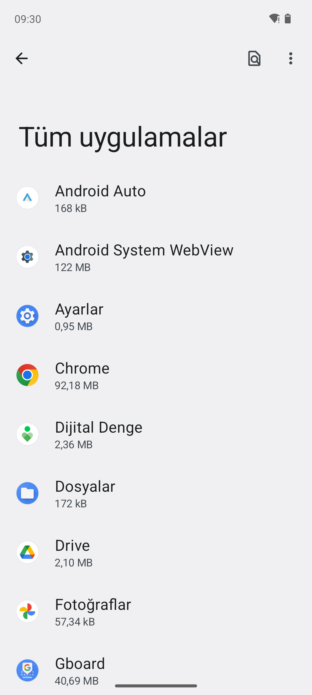 Android tüm uygulamalar listesi ve boyutları
