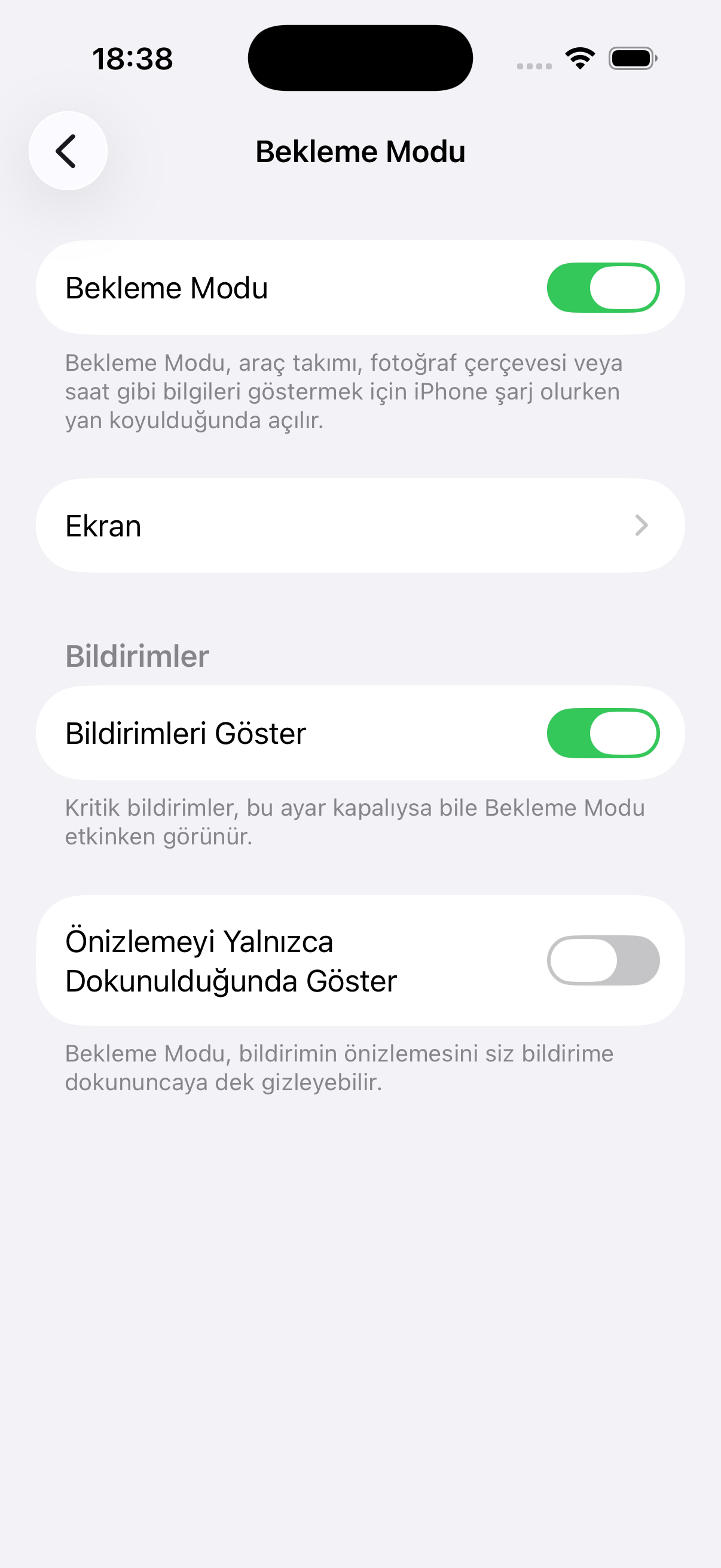 iPhone Bekleme Modu ayarları ekranı