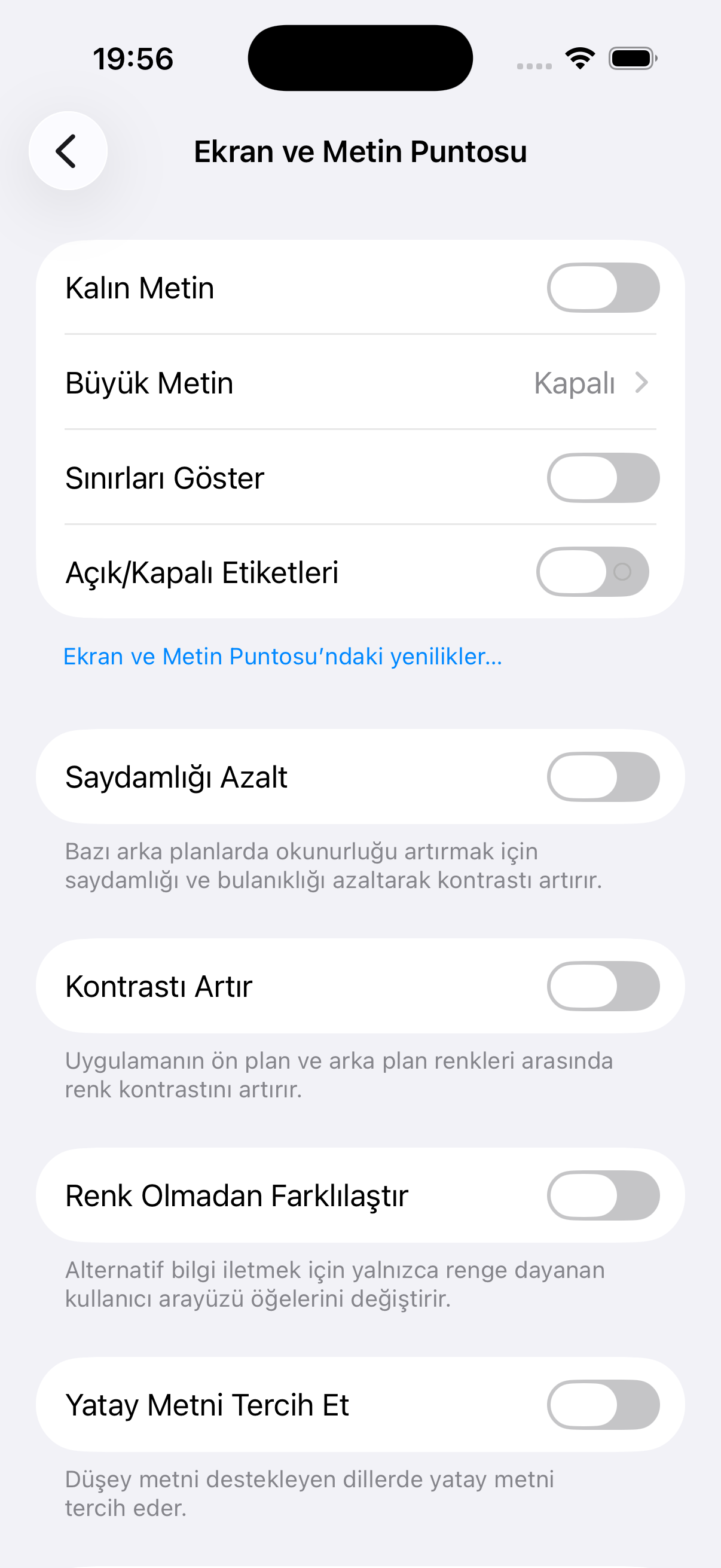 Ekran ve Metin Puntosu ekranı: Kalın Metin, Büyük Metin (Kapalı), Kontrastı Artır ve diğer okunurluk anahtarları