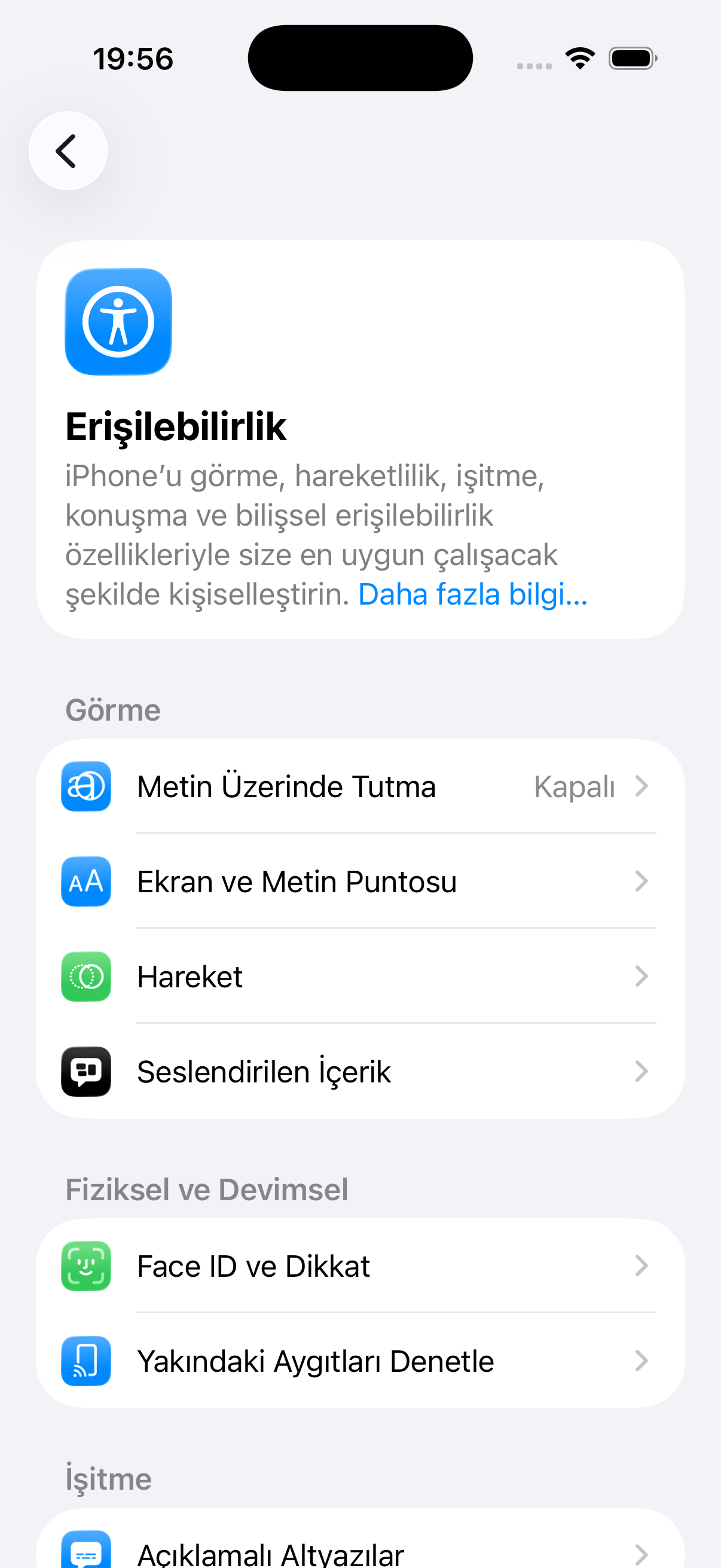 iOS 26'da Erişilebilirlik ekranının Görme bölümü: Metin Üzerinde Tutma, Ekran ve Metin Puntosu, Hareket, Seslendirilen İçerik