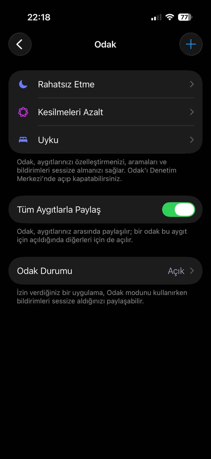 iPhone Ayarlar Odak ekranı: Rahatsız Etme, Kesilmeleri Azalt ve Uyku modları, Tüm Aygıtlarla Paylaş ve Odak Durumu satırları