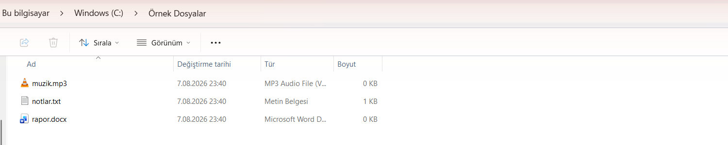 Örnek klasörde uzantıları görünen dosyalar: muzik.mp3, notlar.txt ve rapor.docx