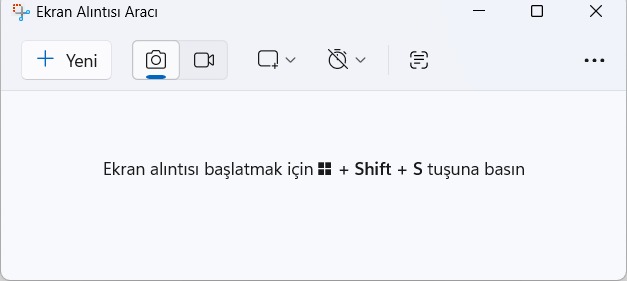 Ekran Alıntısı Aracı penceresi: Yeni düğmesi, fotoğraf ve video modu simgeleri, gecikme menüsü ve Win + Shift + S ipucu
