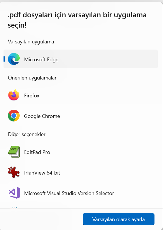 Windows 11'de .pdf dosyaları için varsayılan uygulama seçme penceresi: Varsayılan uygulama, Önerilen uygulamalar ve Diğer seçenekler listeleri ile Varsayılan olarak ayarla düğmesi