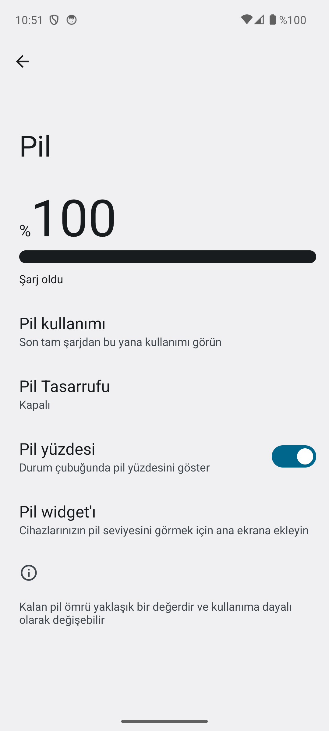 Pil yüzdesi açıkken durum çubuğunda yüzde 100 yazması