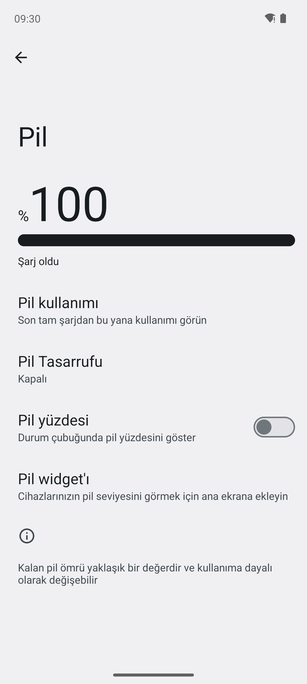 Android Pil ayarları ekranı, Pil yüzdesi anahtarı kapalı