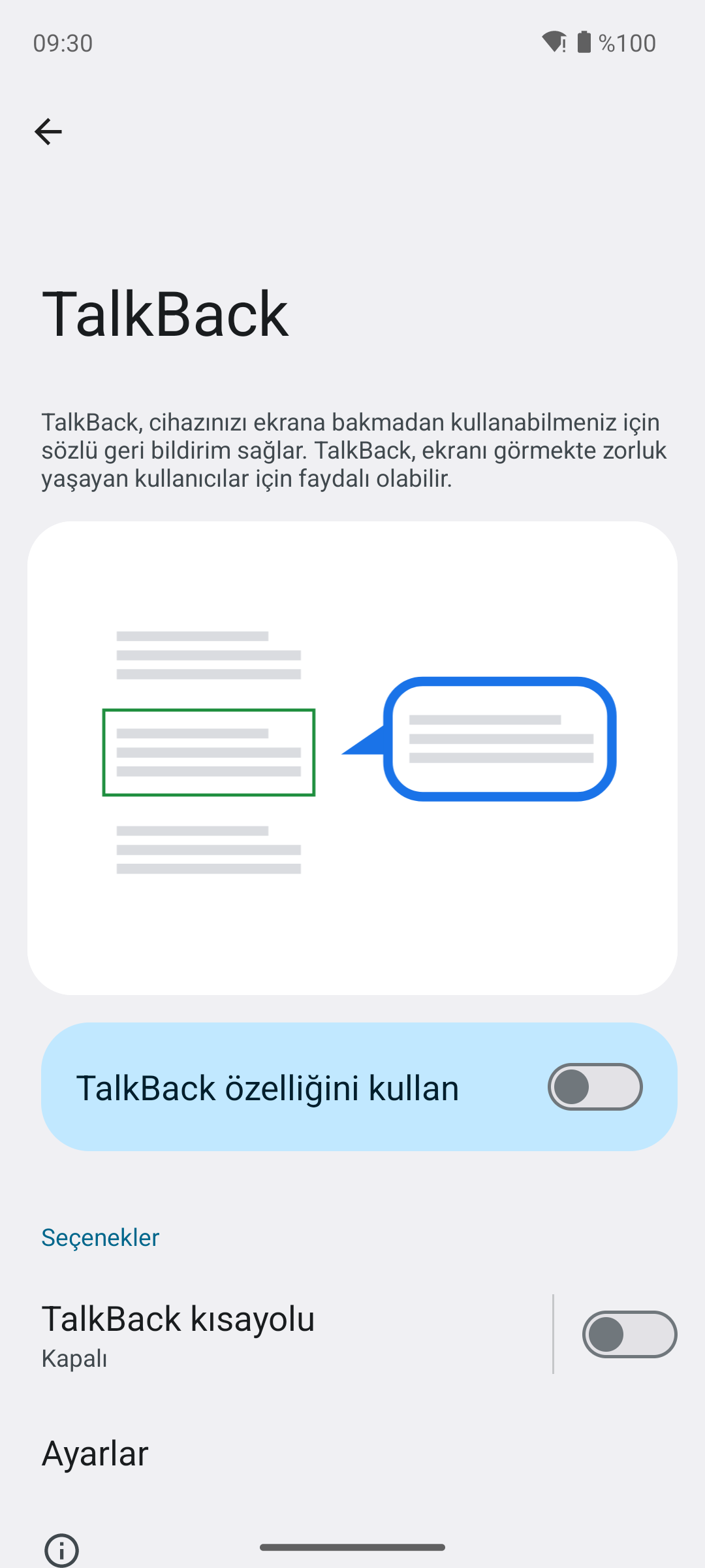 Android TalkBack ayarları ekranı