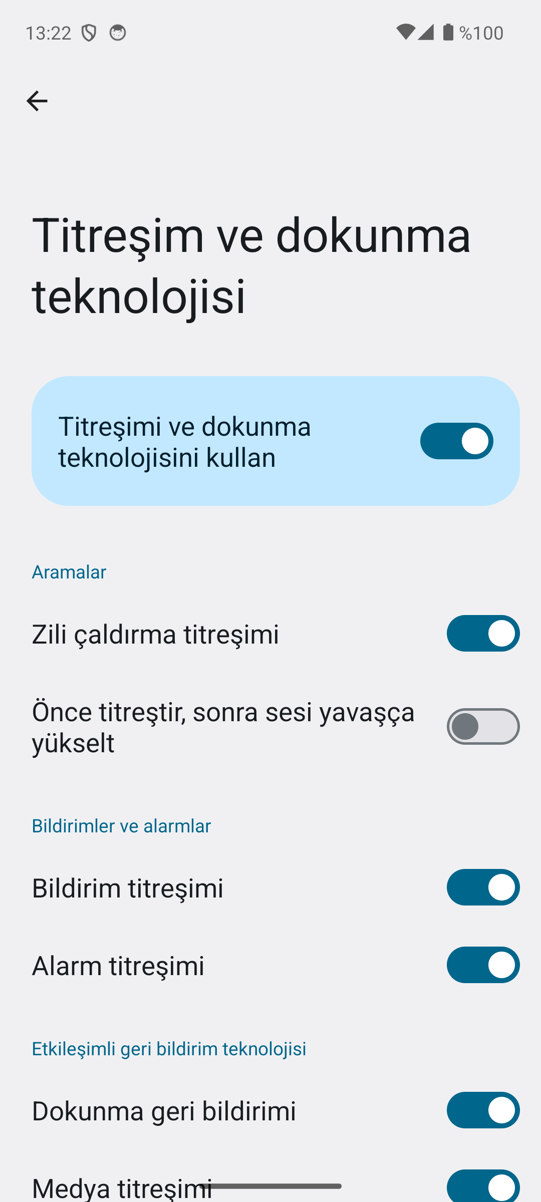 Android Titreşim ve dokunma teknolojisi ekranı: ana anahtar, Zili çaldırma titreşimi, Bildirim titreşimi, Alarm titreşimi ve Dokunma geri bildirimi seçenekleri