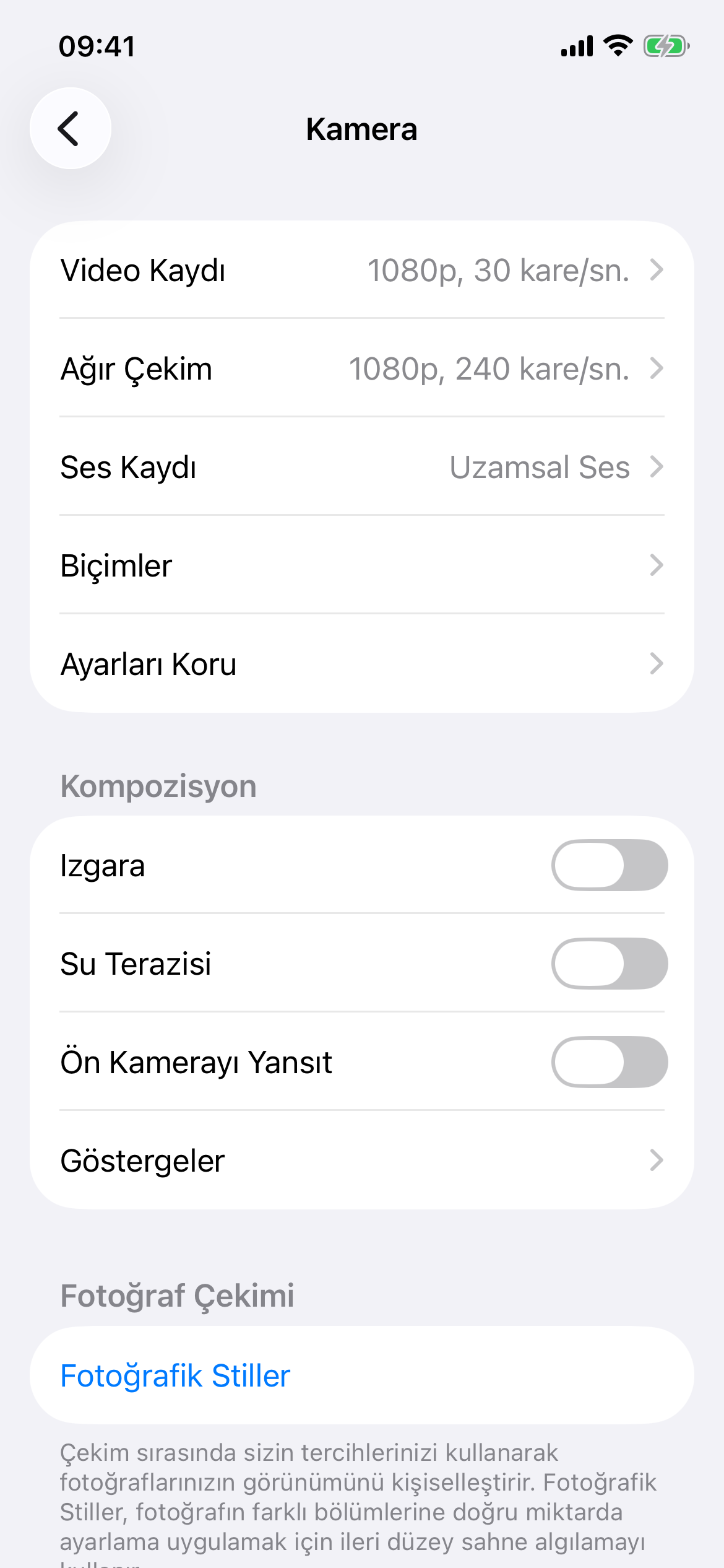 iPhone Kamera ayarları ekranı